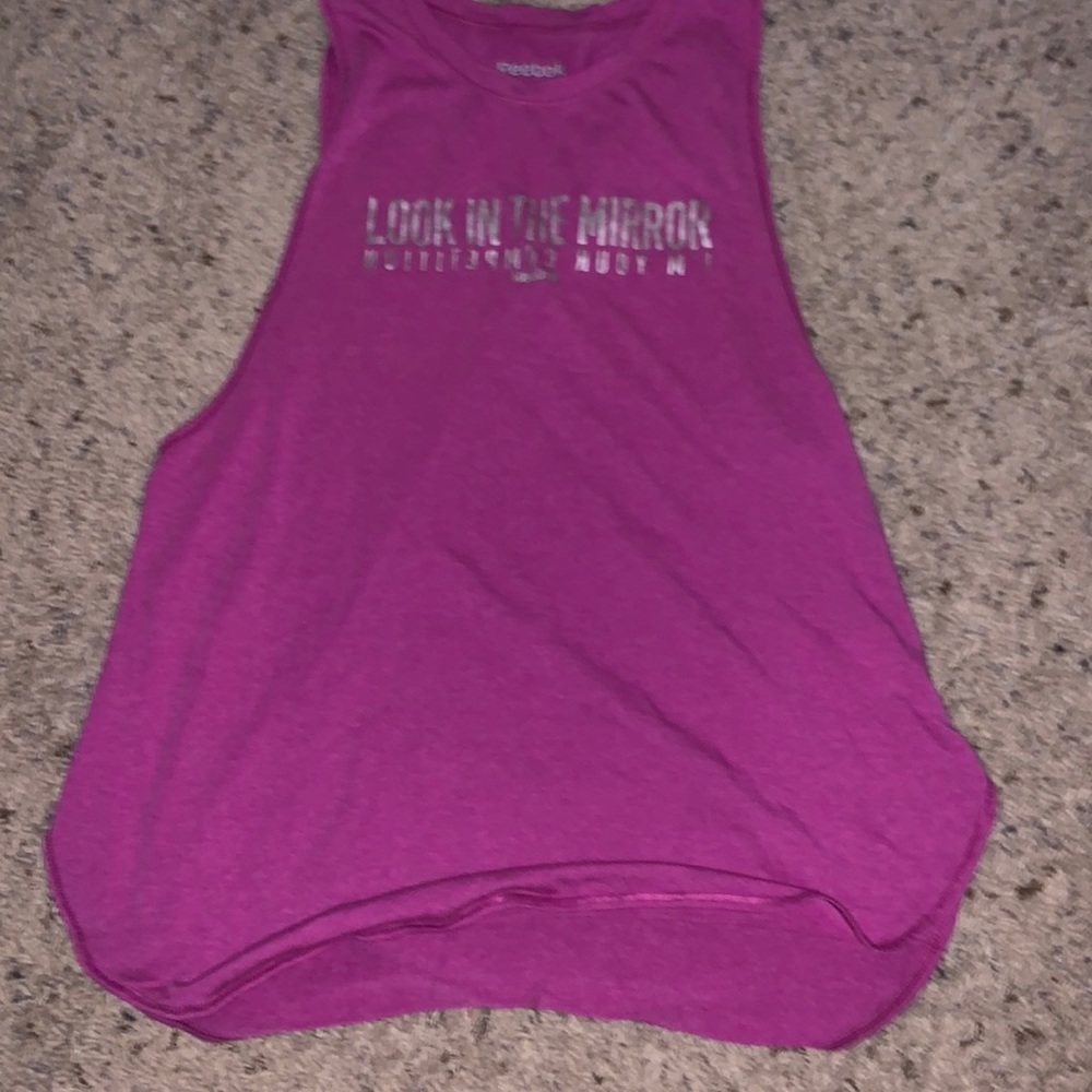 3 shirts, orange both small and adidas purple medium reebok